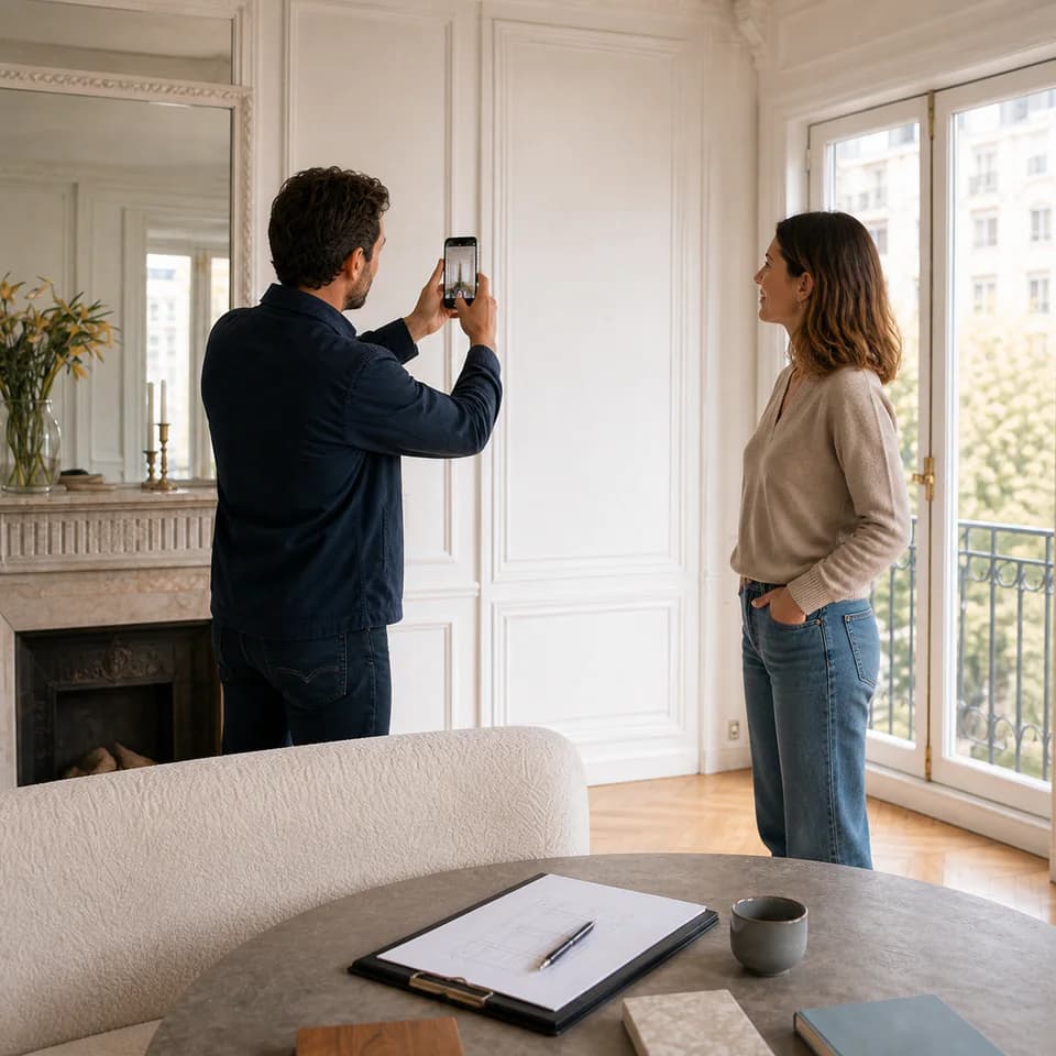 L’agenceur photographie le mur du salon avec son smartphone, son croquis posé sur la table