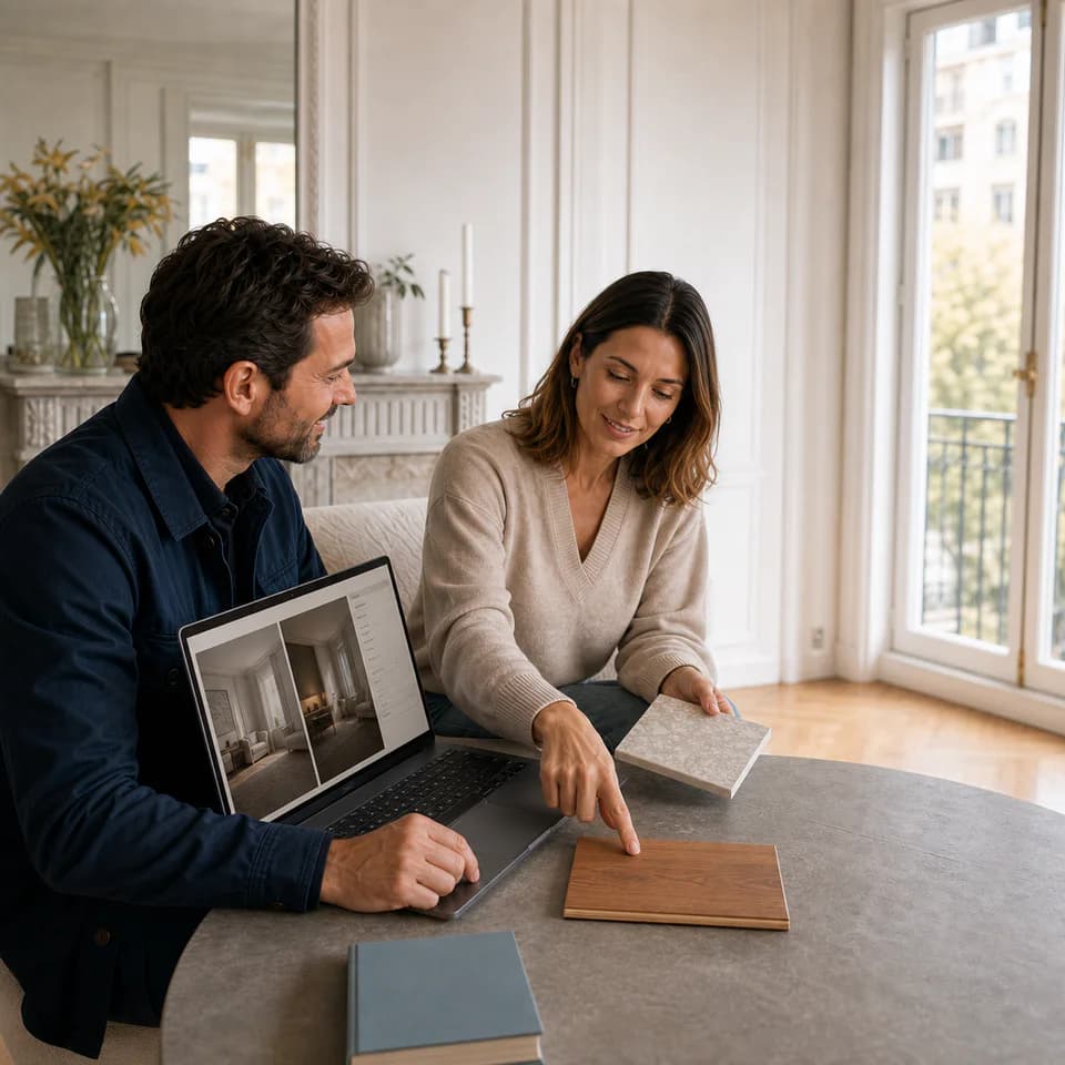 La cliente désigne la finition bois retenue à côté des variantes affichées sur l’ordinateur